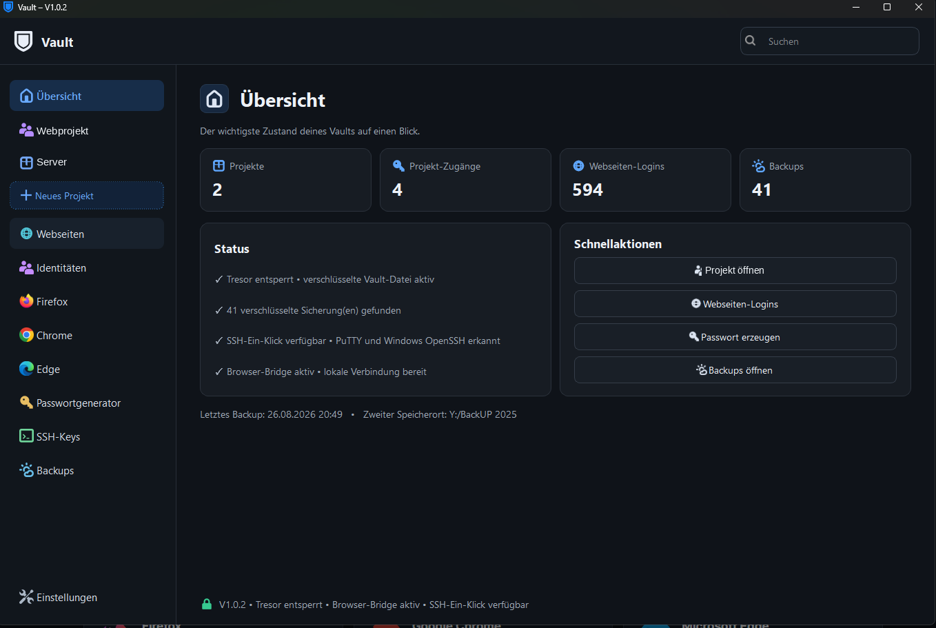 Vault V1.0.2 Desktop-App – echte Programmoberfläche